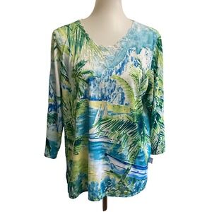 Alfred Dunner Tropical Scenic Lace V-Neck Top Womens M Blue Green Good